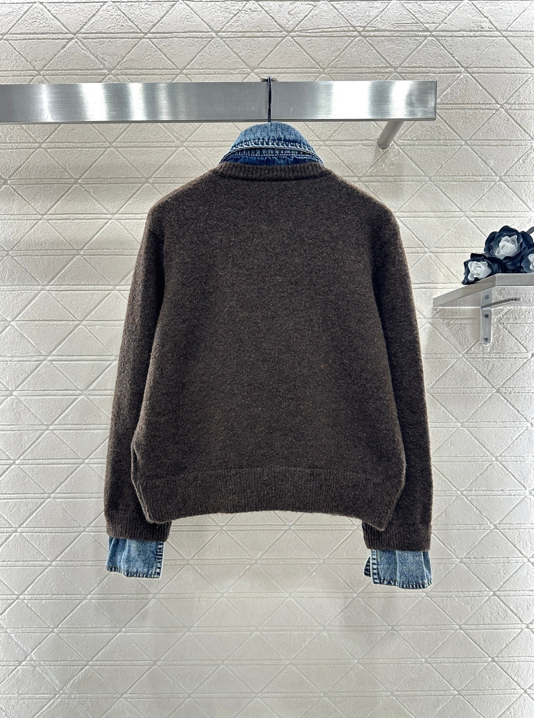 Denim Patchwork Collared Knit Cardigan