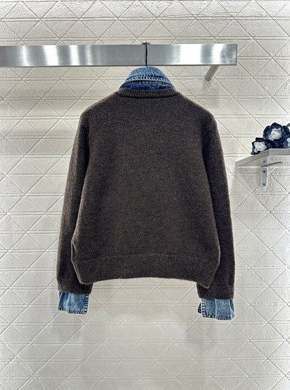 Denim Patchwork Collared Knit Cardigan