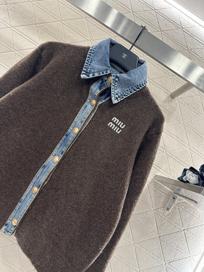 Denim Patchwork Collared Knit Cardigan