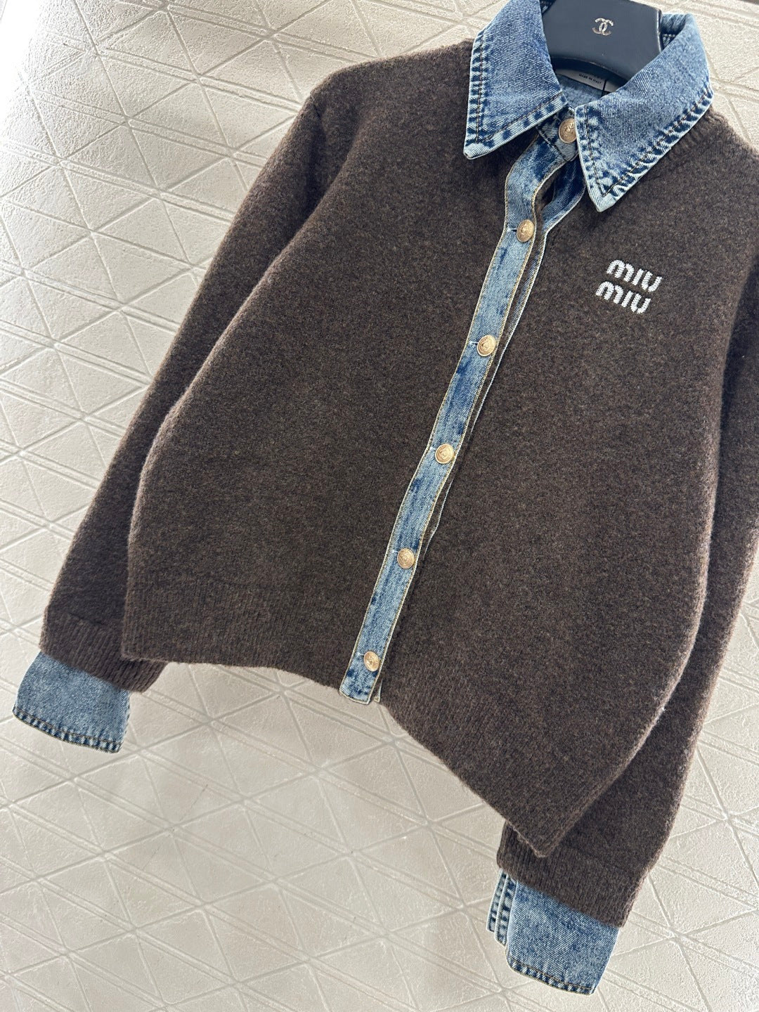 Denim Patchwork Collared Knit Cardigan