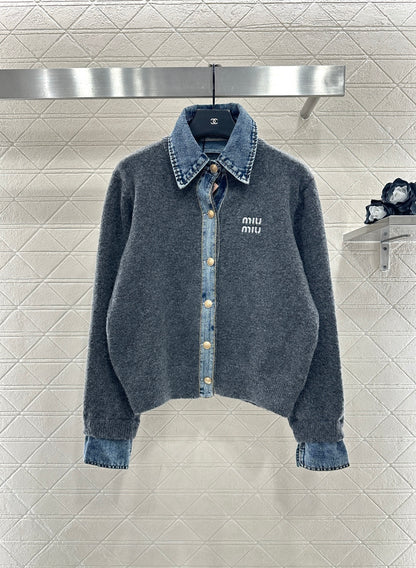 Denim Patchwork Collared Knit Cardigan