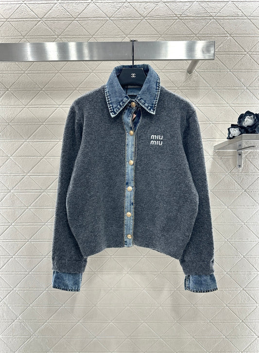 Denim Patchwork Collared Knit Cardigan