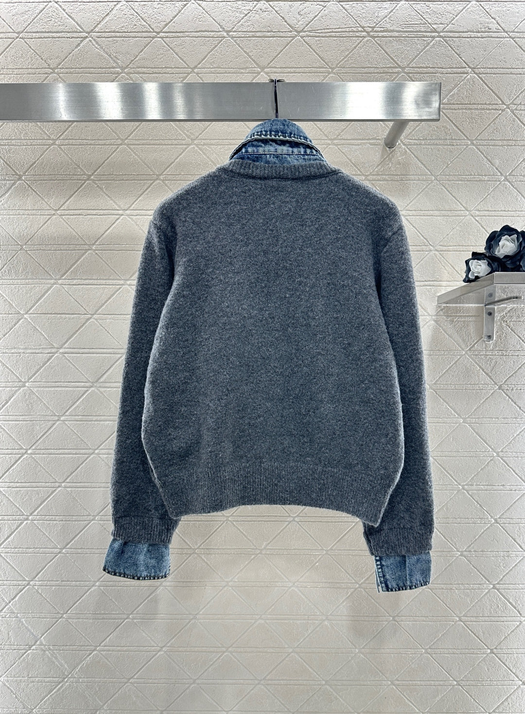 Denim Patchwork Collared Knit Cardigan