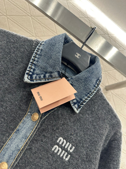 Denim Patchwork Collared Knit Cardigan