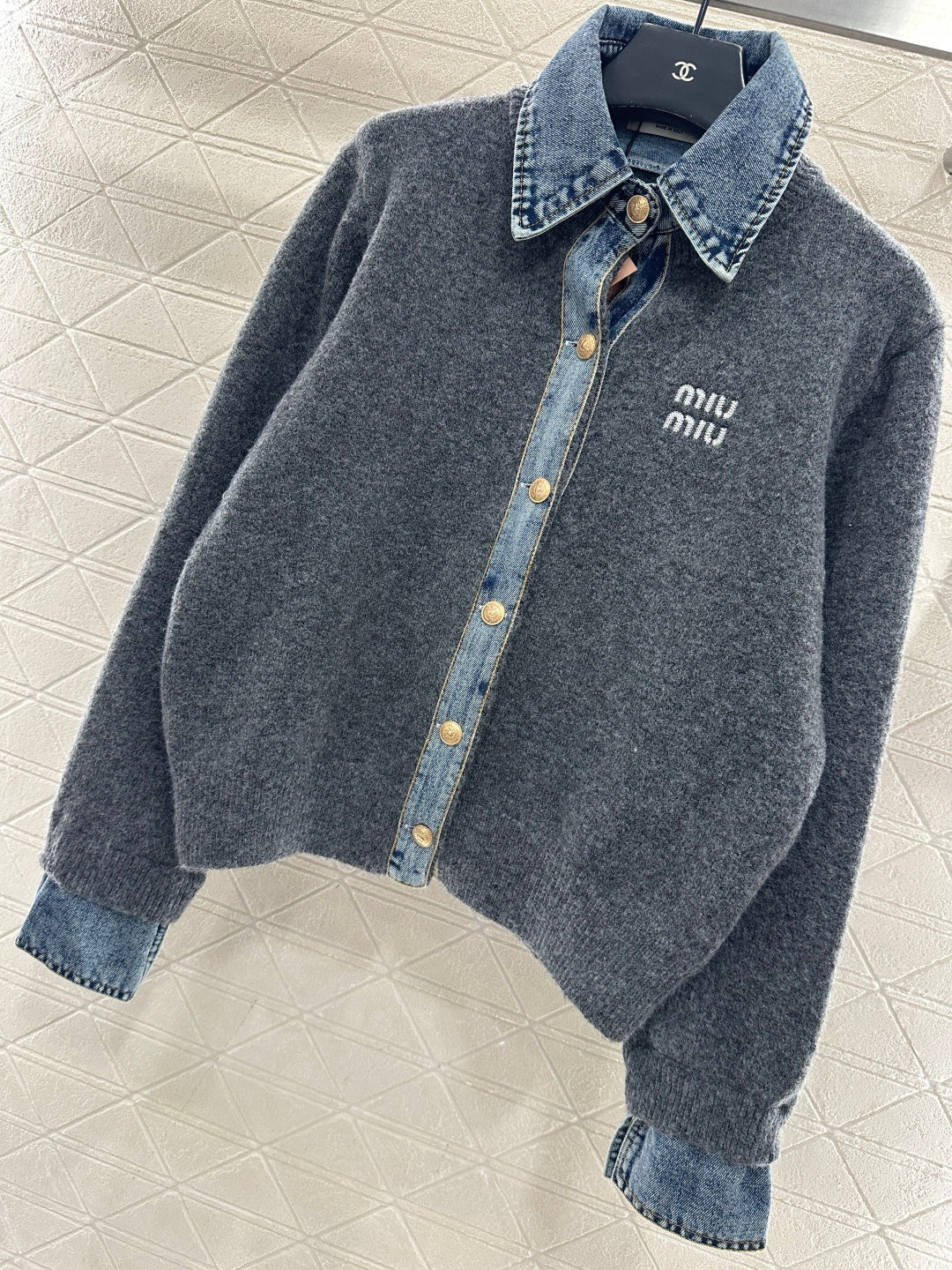 Denim Patchwork Collared Knit Cardigan