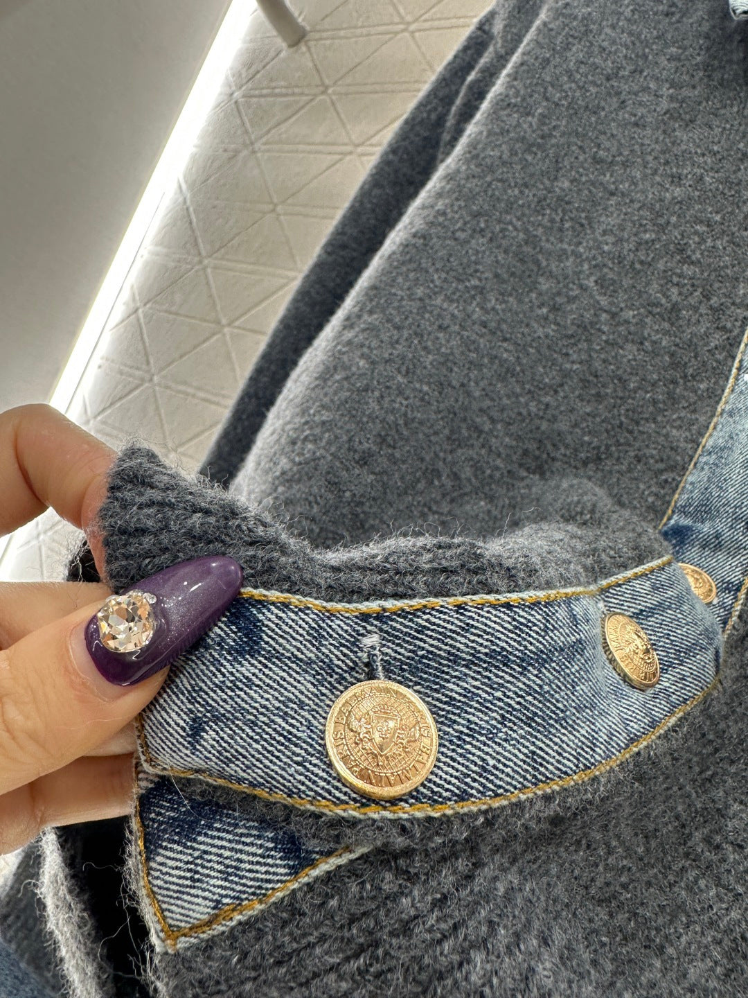 Denim Patchwork Collared Knit Cardigan