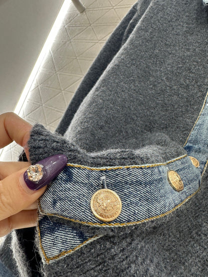 Denim Patchwork Collared Knit Cardigan