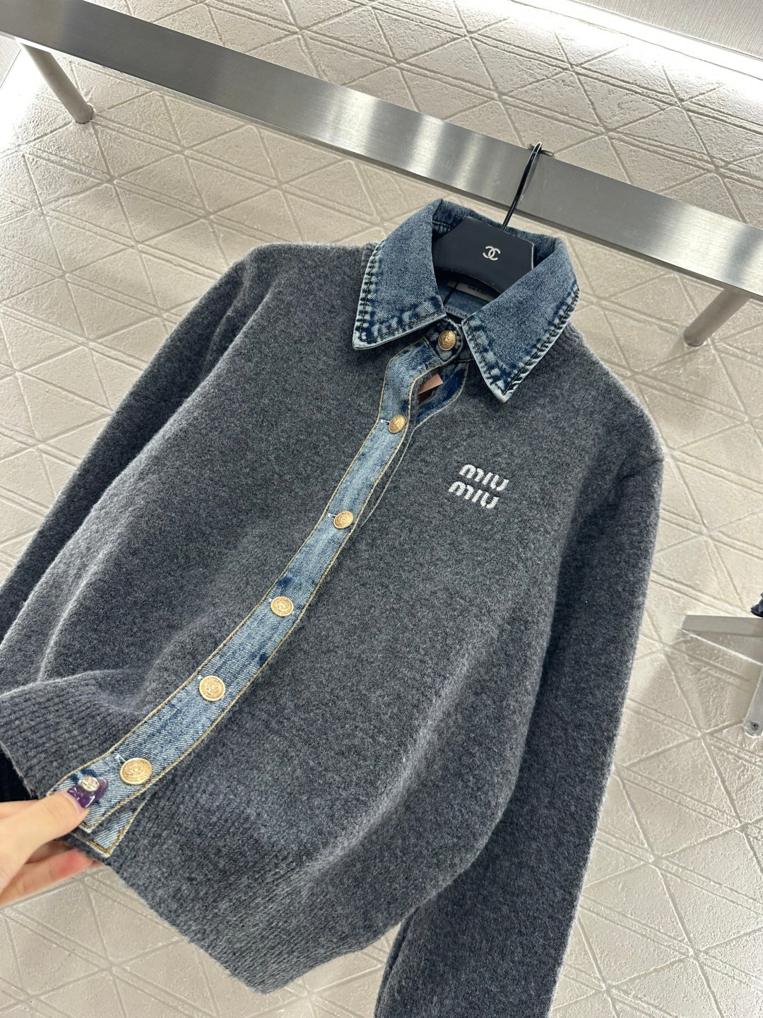 Denim Patchwork Collared Knit Cardigan