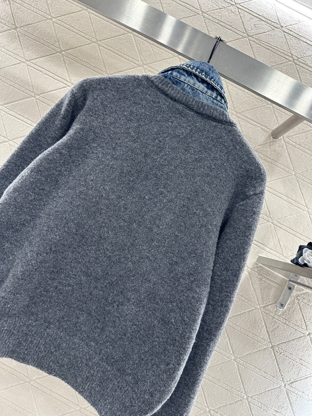 Denim Patchwork Collared Knit Cardigan