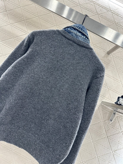 Denim Patchwork Collared Knit Cardigan