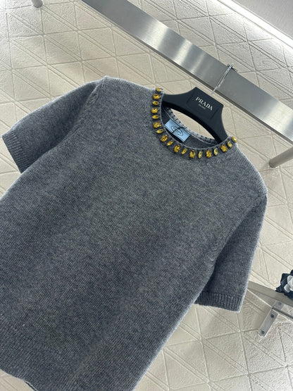Rhinestone Knit Short-Sleeve Top