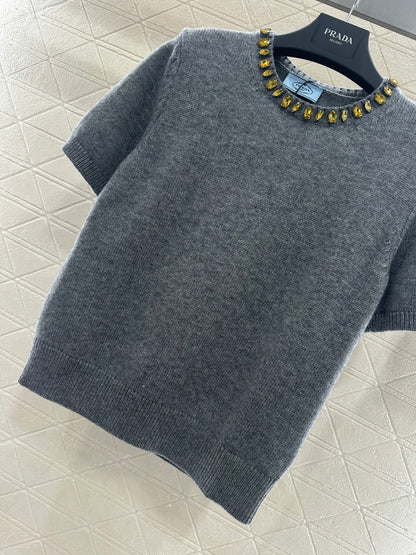 Rhinestone Knit Short-Sleeve Top