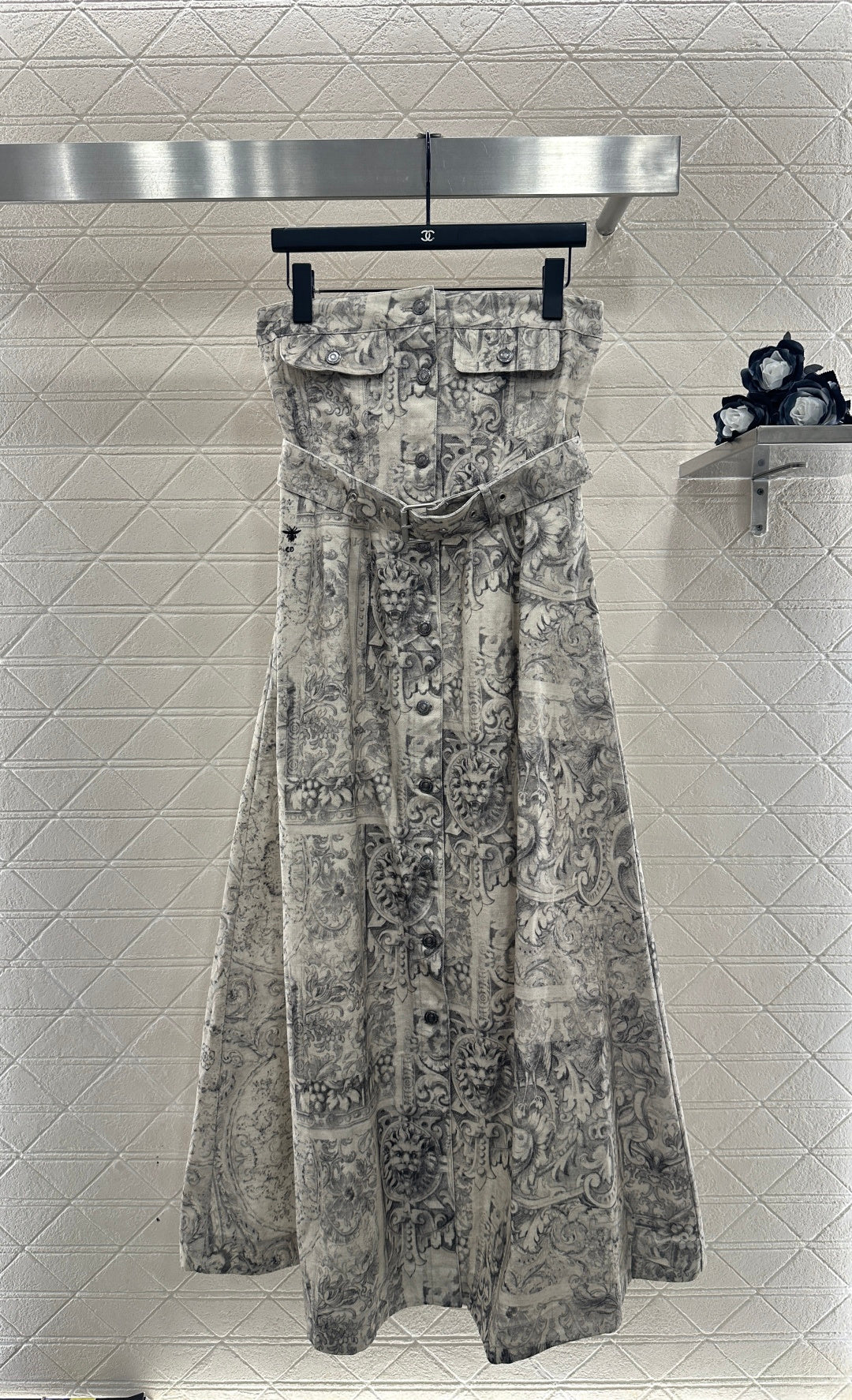 Printed Denim Strapless Dress