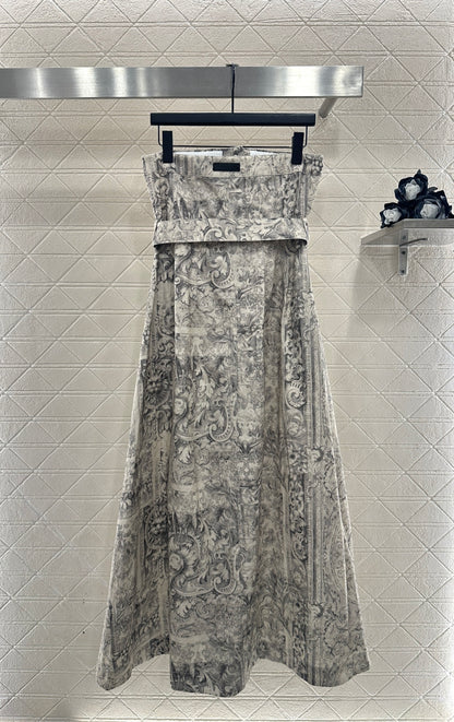 Printed Denim Strapless Dress