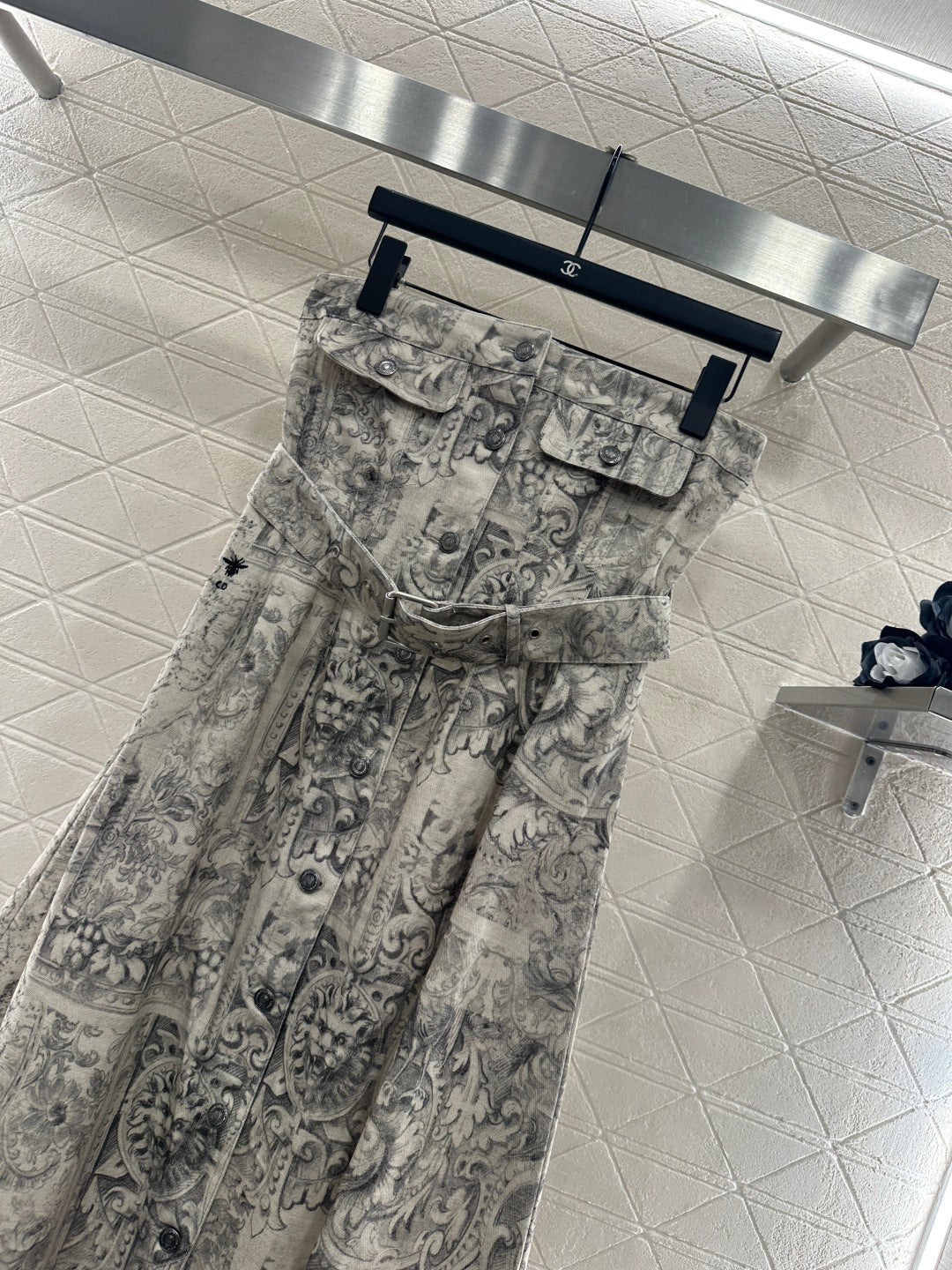 Printed Denim Strapless Dress