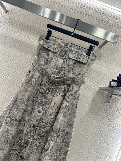 Printed Denim Strapless Dress