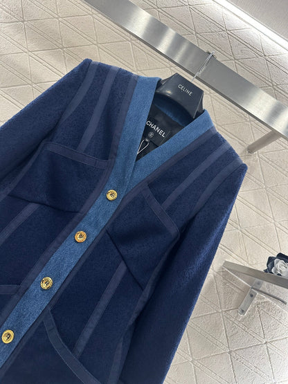 Vintage Denim Patchwork Wool Coat