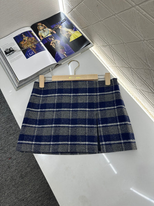 Plaid Wool Slit Mini Skirt