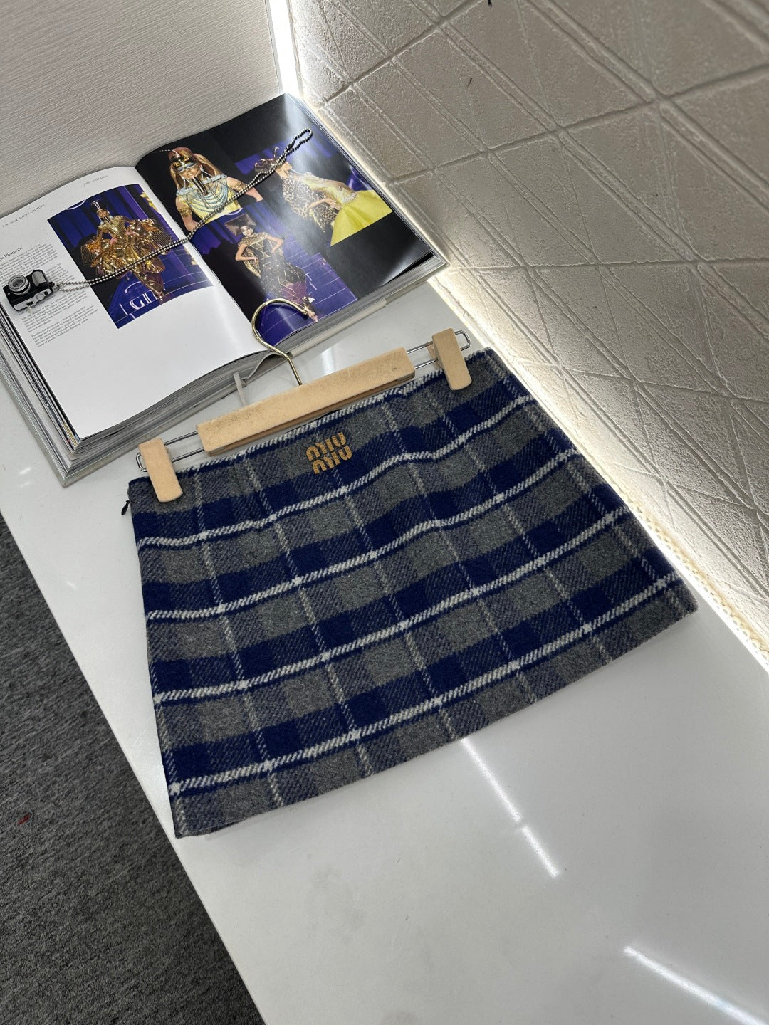 Plaid Wool Slit Mini Skirt