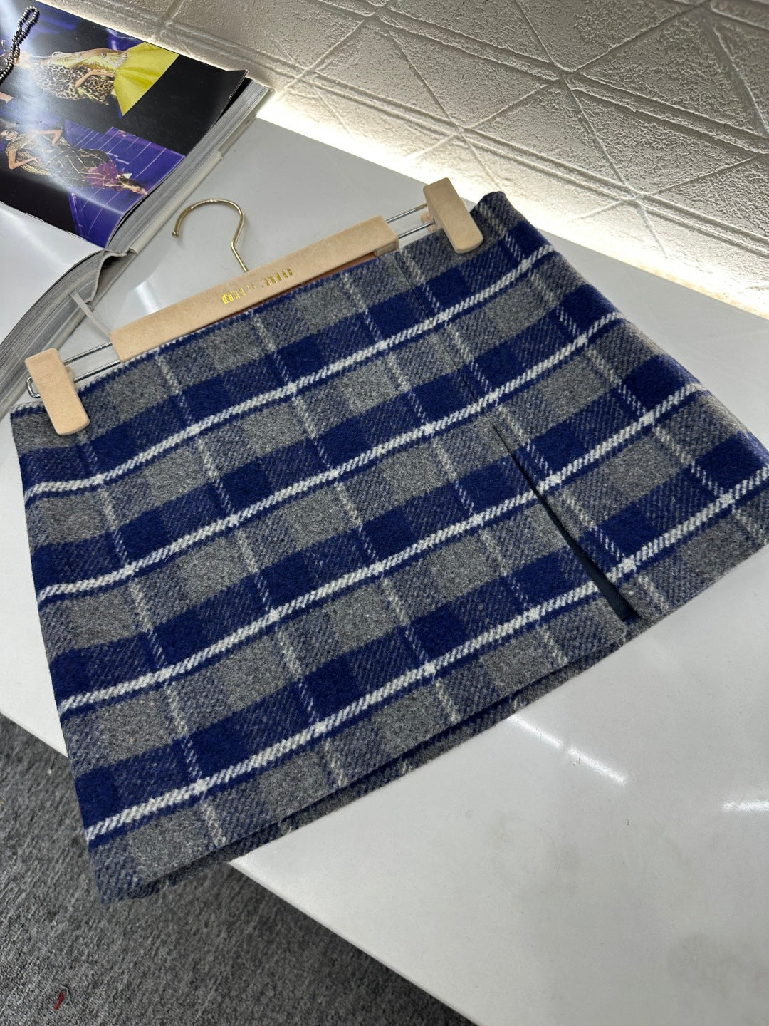 Plaid Wool Slit Mini Skirt