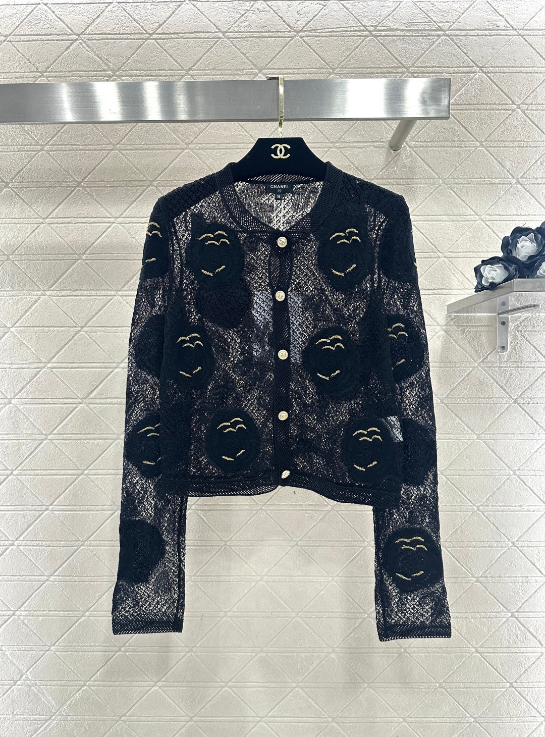 Hollow-out floral embroidered cardigan
