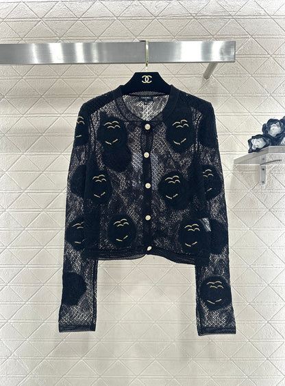 Hollow-out floral embroidered cardigan