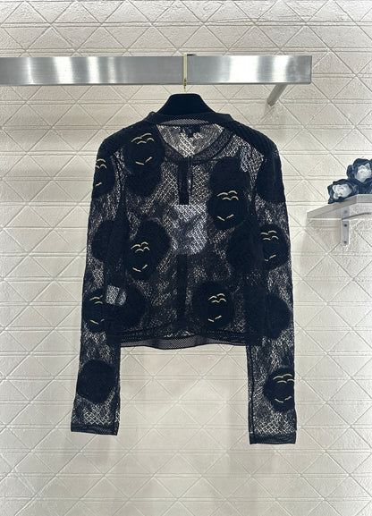 Hollow-out floral embroidered cardigan