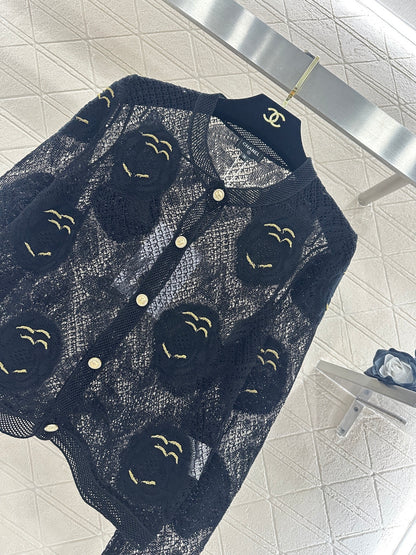 Hollow-out floral embroidered cardigan