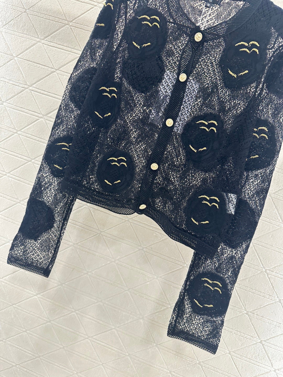Hollow-out floral embroidered cardigan
