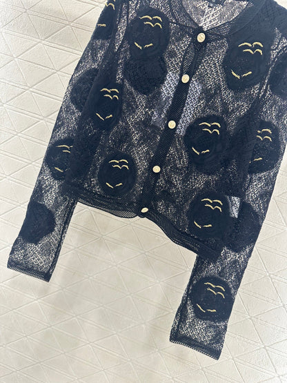 Hollow-out floral embroidered cardigan