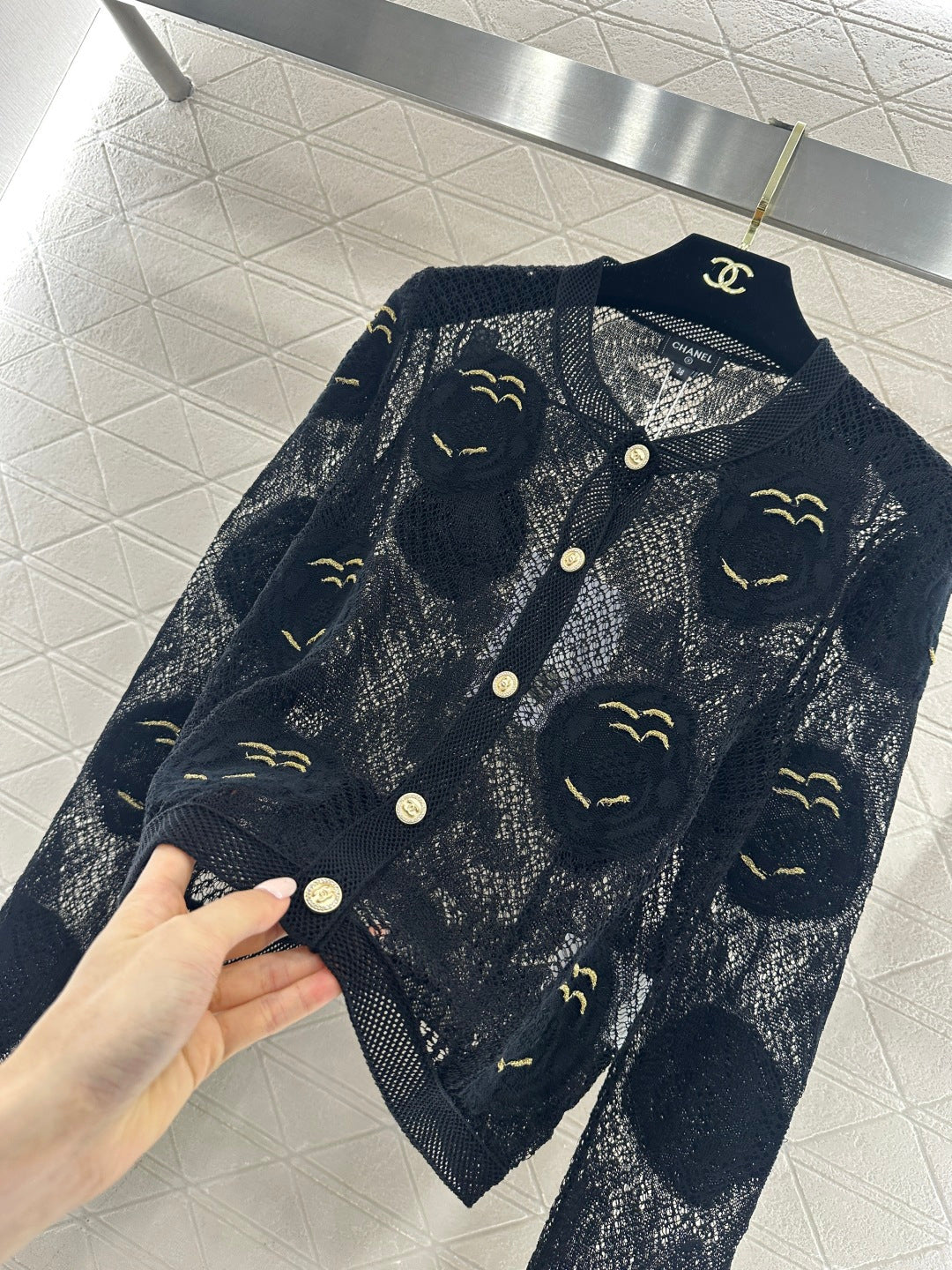 Hollow-out floral embroidered cardigan