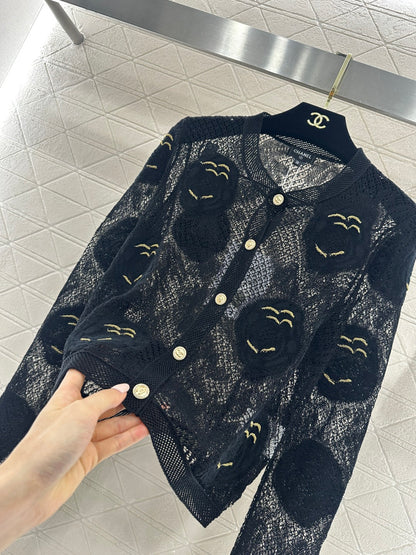 Hollow-out floral embroidered cardigan