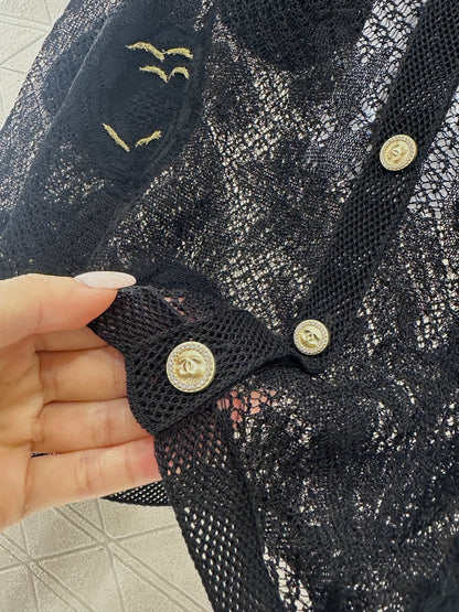 Hollow-out floral embroidered cardigan