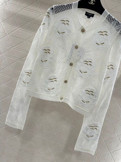 Hollow-out floral embroidered cardigan