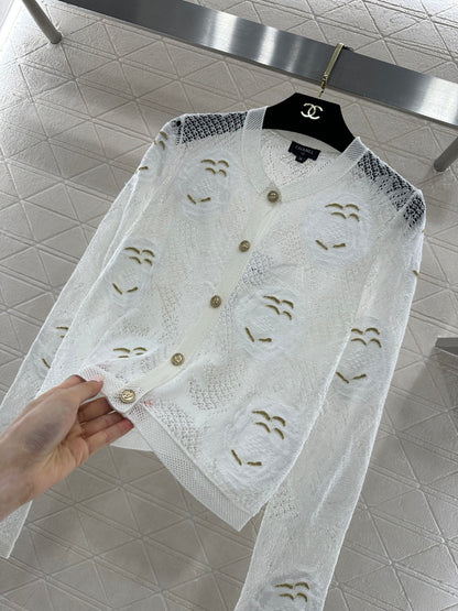 Hollow-out floral embroidered cardigan