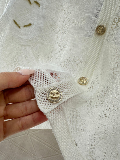 Hollow-out floral embroidered cardigan