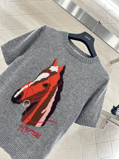 Jacquard Horsehead Short-Sleeve Sweater