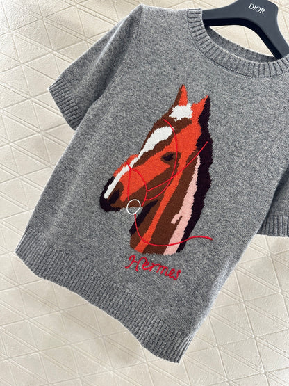 Jacquard Horsehead Short-Sleeve Sweater