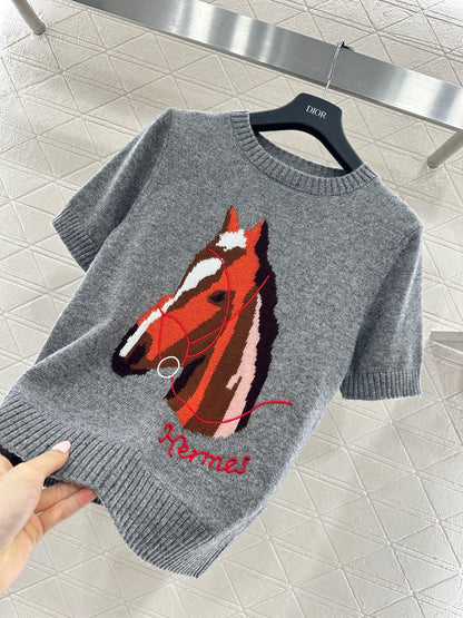 Jacquard Horsehead Short-Sleeve Sweater
