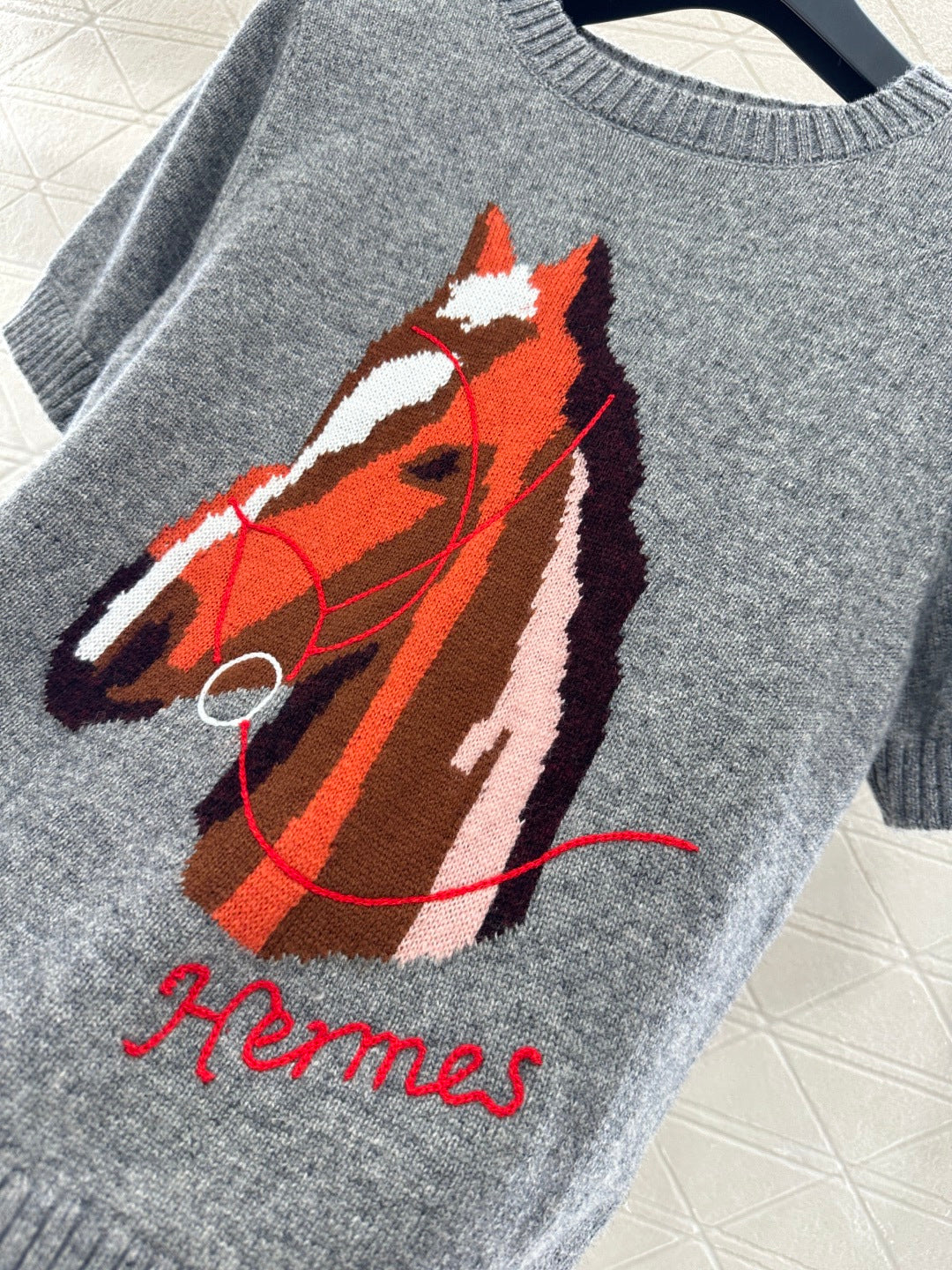 Jacquard Horsehead Short-Sleeve Sweater