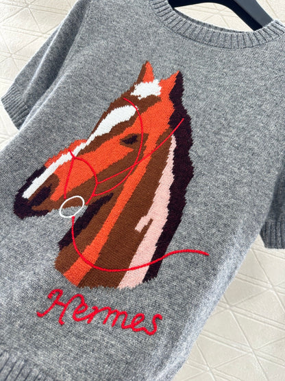 Jacquard Horsehead Short-Sleeve Sweater