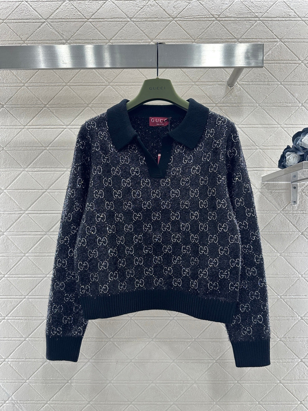 Rhinestone-stamped Collar Sweater