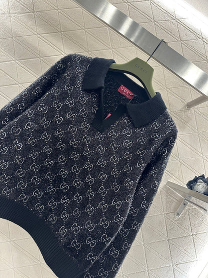 Rhinestone-stamped Collar Sweater