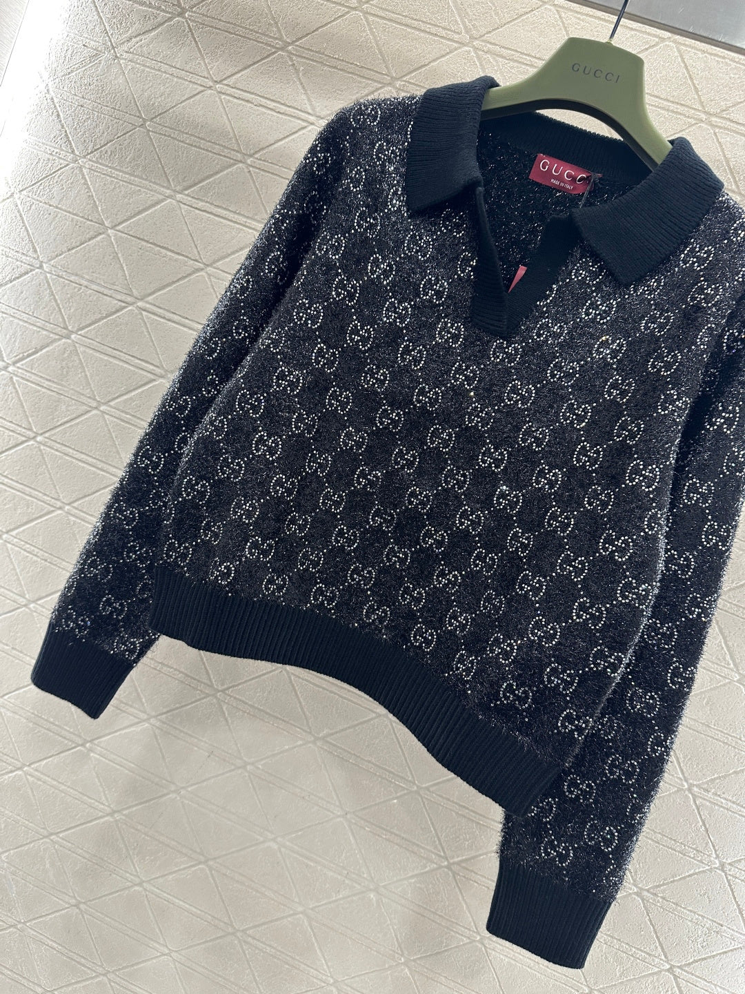 Rhinestone-stamped Collar Sweater