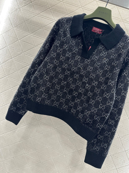 Rhinestone-stamped Collar Sweater