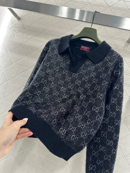 Rhinestone-stamped Collar Sweater