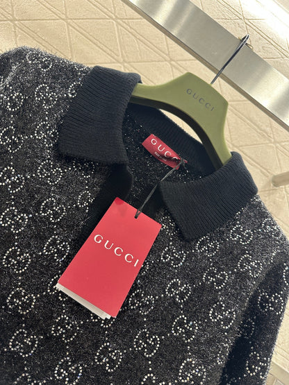 Rhinestone-stamped Collar Sweater