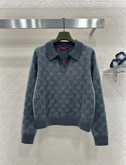 Rhinestone-stamped Collar Sweater