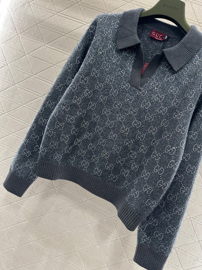 Rhinestone-stamped Collar Sweater