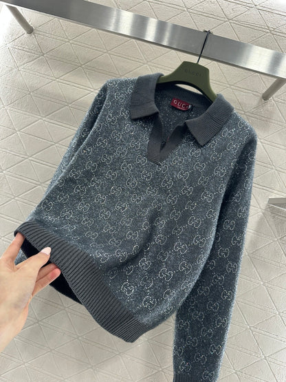 Rhinestone-stamped Collar Sweater